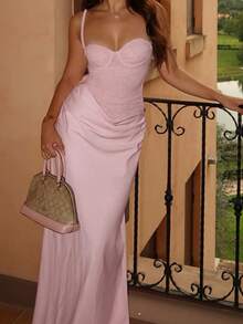 一件纯色优雅针织面料开衩拉链连衣裙，适合婚礼、生日派对、返校派对、单身派对、春夏粉色系场合。 - 粉色 - 查看 1