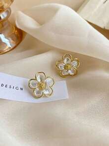 9pcs/Set Fashionable Minimalist Shell Flower Elegant Personalized Versatile Petal Earrings, Delicate Super Fairy Luxury Faux Pearl Geometric Drip Oil Rhinestone Earring Set, Suitable For Women Daily & Festival Wear - Set C - View 9