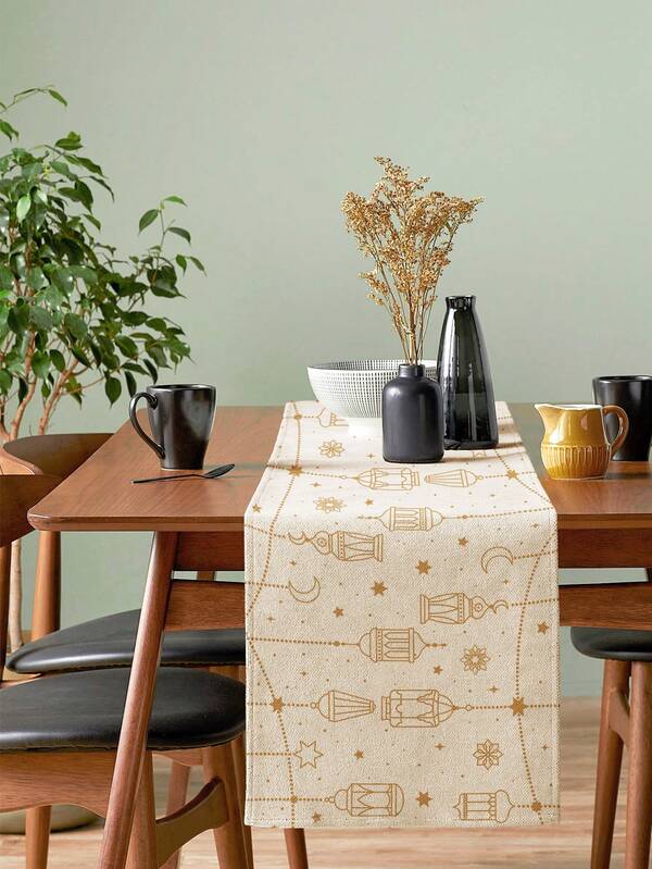 1pc Middle Eastern Ramadan Star & Crescent Lantern Print Linen Table Runner, Suitable For Festivals, Parties, Birthdays, Dinners, Kitchen & Dining Room Decor, Shoe Cabinet & Storage Cover, All Season Home & Textile Decoration