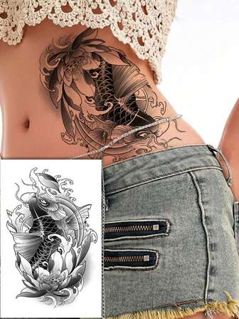 1pc Herbal Waterproof Temporary Tattoo, Koi Fish Design, Suitable For Men & Women, Sweat-Proof Semi-Permanent Arm/Limb Tattoo Sticker, For Halloween, Daily & Festival Skin Decoration, Lasts 7-14 Days