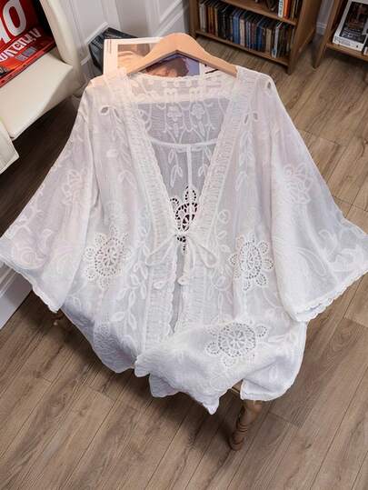 JIANHU Spring Summer Embroidered Hollow Out Blouse, V-Neck Tie Loose Design, Lightweight Elegant Versatile Outerwear
