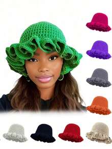 1pc Solid Color Hand-Knitted Crochet Cap, Bohemian Style Pleated Floppy Hat With Ruched Brim, Casual Cute Retro Street Fashion Polyester Knit Bucket Hat - Nhiều màu - Xem 11