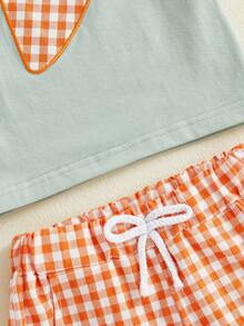 Toddler Little Boy Girl Easter Outfit Carrot Embroidered Short Sleeve T-Shirts And Plaid Shorts 2 Piece Set - xanh quân đội - Xem 5