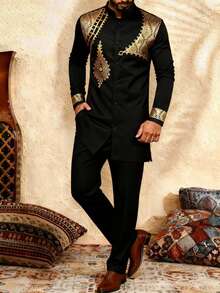 Men's Casual Long-Sleeved Two-Piece Suit, Mid-Length Top And Trousers - Black - View 2
