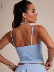 Cropped Corset Tank Top With Double Straps - Baby Blue - View 3