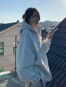 女式休闲字母印花抽绳连帽运动衫，秋冬 - 灰色 - 查看 8