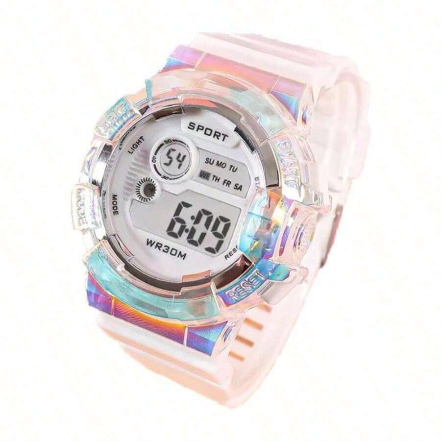 Fashionable Digital Watch, Cute Pink Sporty Digital Watch With Luminous Dial,  Multifunctional Watch For Women & Girls - White-1 - View 1