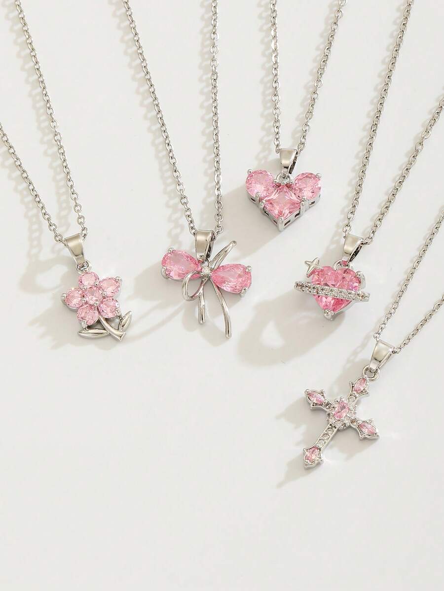 5style Sweet Dainty Shiny Pave Pink Zirconia Bowkont/Flower/Heart/Planet/Cross Pendant Necklace Girls Elegant Stylish Clavicle Chain Necklace Match All Seasons - Silver - View 1