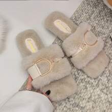 2025 Nuevas Sandalias Planas Versátiles de Piel Sintética para Otoño/Invierno, para Uso Exterior, con Hebilla Metálica y Punta Cuadrada para Mujer - Beis - Ver 1