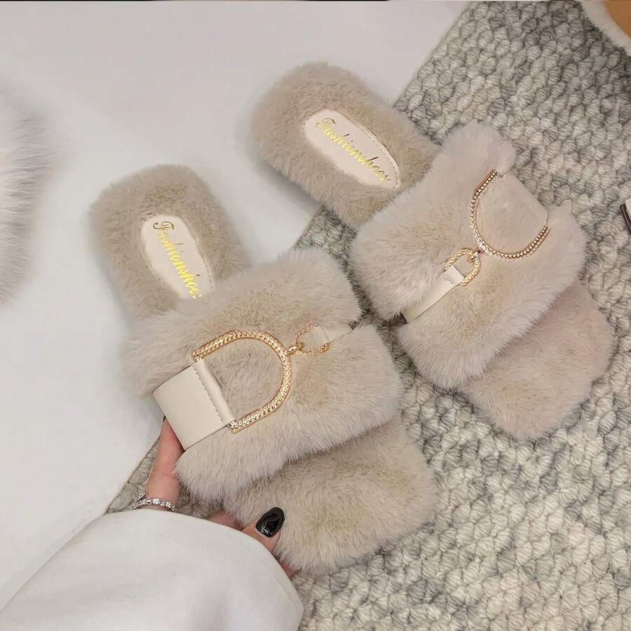 2025 Nuevas Sandalias Planas Versátiles de Piel Sintética para Otoño/Invierno, para Uso Exterior, con Hebilla Metálica y Punta Cuadrada para Mujer - Beis - Ver 1