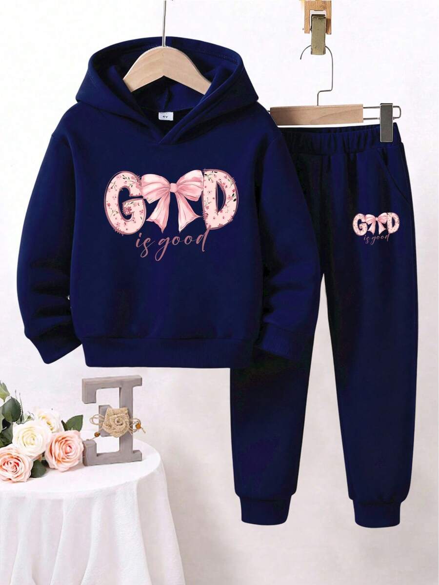 Toddler Letter Print Warm Hoodie And Sweatpants Set - Royal Blue - View 1