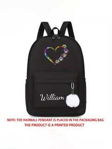 Customized Heart-Shaped Backpack, Sports Bag, Dance Bag With Personalized Name Or Holiday Greetings. Suitable For Daily School Commute, Nylon Zipper Closure, Can Customize Name, Letter, Lucky Number, Ideal For School, Dance Class And Travel. Can Be Used As Birthday Gift, Commemorative Bag, Christmas Gift, New Year Gift. Zipper Direction Random. - Black - View 10