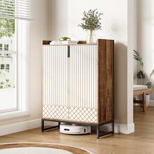 LITTLE TREE Schuhschrank 73x35x105cm mit 2 Türen – Weiß-goldener Metallrahmen für 25 Paar Schuhe, schmale Schuhaufbewahrung für Flure (1 Stück) - Braun - Übersicht 2