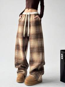 Plaid Woolen Wide Leg Pants For Women, Loose Straight Leg Casual Trousers, Suitable For Autumn And Winter - Yellow - View 4