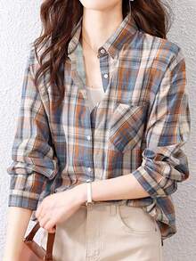Women's Spring & Autumn Long Sleeve Plaid Printed Pocket Lapel Collar Blouse - Multicolor - View 7