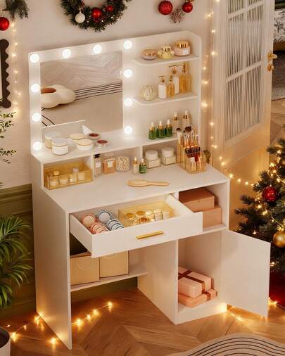 Hzuaneri Vanity Desk With Mirror And 10 LED Lights, Makeup Vanity With 3 Shelves & 4 Open Compartments, Dressing Table With Large Drawer & Cabinet, 3 Adjustable Lighting Brightness, White