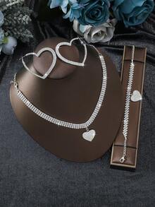 4件套优雅心形项链、耳环、手链首饰套装，适合在情人节、晚宴、舞会、音乐节、派对等场合佩戴。 - 彩色 - 查看 3