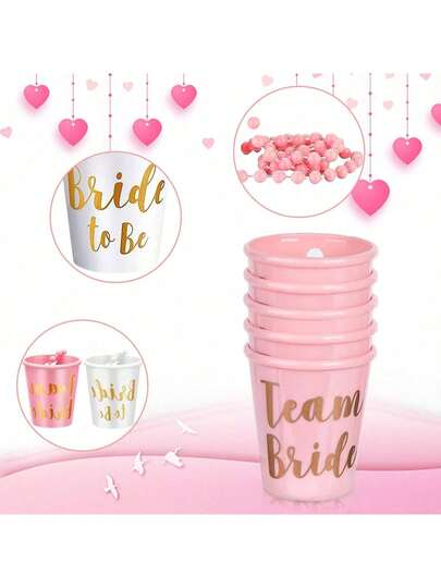 12件套新娘派对珍珠项链套装，包含迷你酒杯、新娘及伴娘珍珠项链和酒杯、新娘主题塑料杯、可重复使用的珍珠扣玻璃项链，适合单身派对和婚礼庆典。