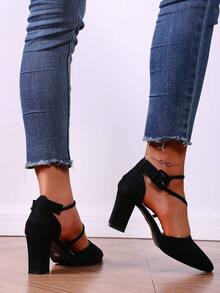 1 par de sandalias de tacón alto de moda, adecuadas para adolescentes, vacaciones casuales, elegantes y cómodas sandalias de playa - Negro - Ver 6