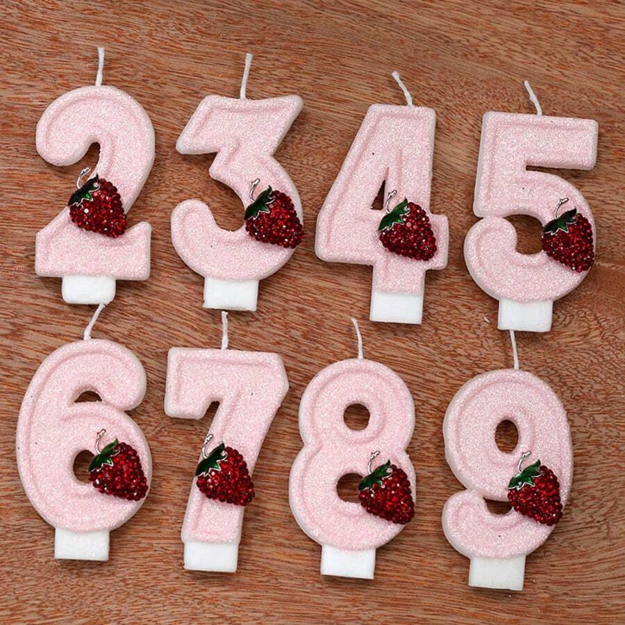 1 pieza Vela de cumpleaños con número ritual, vela decorativa de fresa para pastel, vela con número de purpurina rosa 0-9, adecuada para pastel de cumpleaños, fiesta grande de vacaciones, adecuada para hombres y mujeres