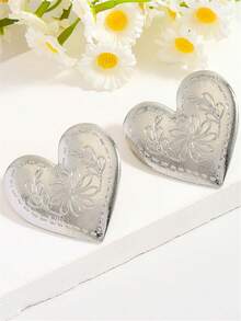 1对复古金色心形花朵纹理耳钉，优雅心形吊坠耳环，送给朋友、爱人、情侣的礼物 - 彩色 - 查看 7