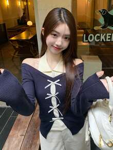 秋季不对称领修身针织上衣 - 藏蓝色 - 查看 6