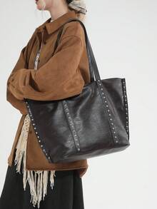 Autumn Winter English Style Tote Bag With Rivet Inlay - Autumn Winter Rivet Tote Bag, English Style Leather Tote, Studded Female Shoulder Bag, Fashion Large Capacity Tote, Rivet Inlay Handbag For Women - Coffee - View 3