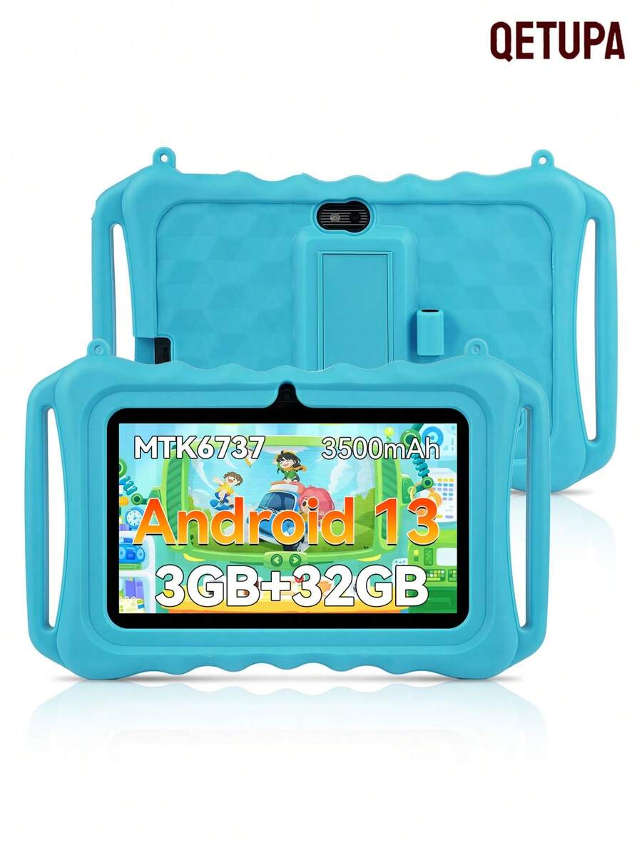 Qetupa Q8 Dual Handgrip Children's Tablet, 7-Inch Kids Tablet, Android 13/MTK6737 Quad-Core 1.3GHz/3GB RAM 32GB Storage/2.4G WiFi/Bluetooth/1024x600 IPS Display/GMS Services/Parental Control/3500mAh Battery/2MP+5MP Camera, With Shockproof Protective Case, For Education & Gaming (Adapter Not Included) - Blue - View 1
