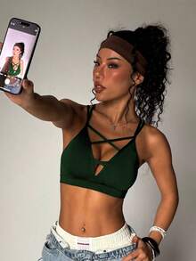 Sujetador deportivo inalámbrico de punto con diseño cruzado en negro para mujer - Verde Oscuro - Ver 6