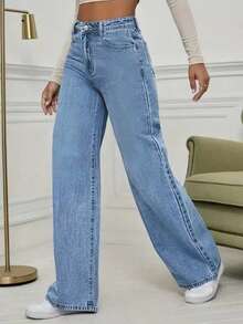 Women's Mid Waist Non Elastic Casual Loose Straight Leg Denim Pants Suitable For Daily Commuting And Home Wear - 中等水洗藍 - 查看 3