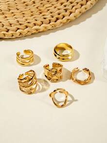 7件套时尚简约合金几何图案小众设计夸张褶皱弧形粗犷珠宝指节戒指套装，女士派对礼物 - 29913-G - 查看 5