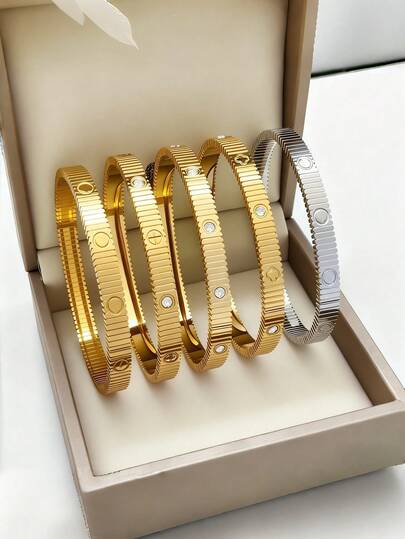 4pcs 18K Gold Plated Stainless Steel Bracelets For Women, Elegant Bracelets With Zirconia Stones, Striped Design, Chic Jewelry Gift