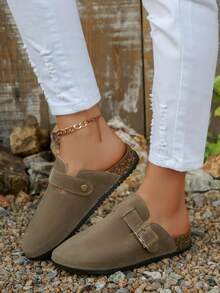 Boken 女士 2024 年春季新款厚底拖鞋，一脚蹬休闲乐福鞋 - 灰色 - 查看 4