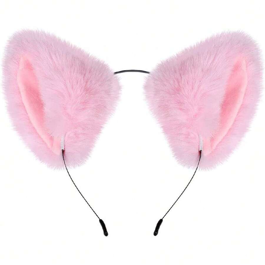Women Girl Cat Fox Long Fur Ears Headband Party Cosplay Costume Hairband,30215622 - 玫紅色 - 查看 1