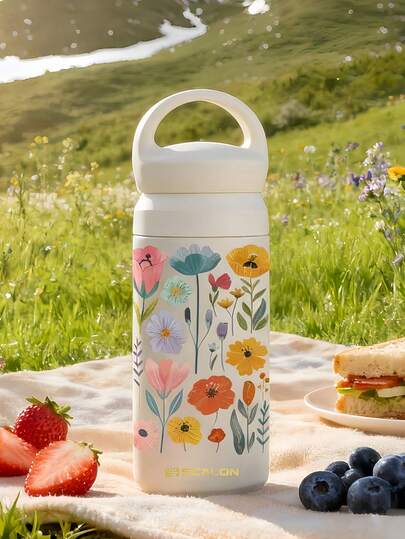 1pc Colorful Floral Insulated Tumbler, With Handle, Double-Wall Vacuum Insulated, Suitable For Hot & Cold Beverages, Ideal For Home, Office, Outdoor Activities, Camping, Great Christmas Gift