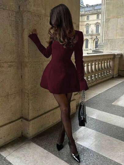 Elegante vestido básico de negocios para ir a la oficina, vestido de manga larga con cintura ceñida y espalda descubierta