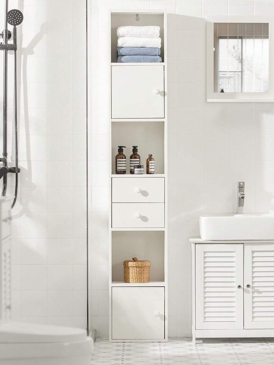 SoBuy STR10-W，书柜书架储物架储物展示架单元立式搁板高柜，宽33 x 深24 x 高188厘米 家居浴室装饰浴室收纳夏季浴室配件 - 白色 - 查看 1