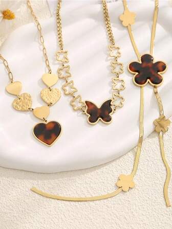 Women's Vintage Tortoiseshell Pendant Necklace, Stainless Steel Sweater Chain With Flower, Heart, Butterfly Pendant