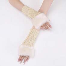 2 Pairs White Furry Fingerless Gloves Soft Fluffy Knitting Thumb Hole Gloves Beige Winter Crochet Arm Warmers Sleeves Faux Fur Wrist Mittens For Women Painting Photographing Typing Writing,Beige - 米色 - 查看 4