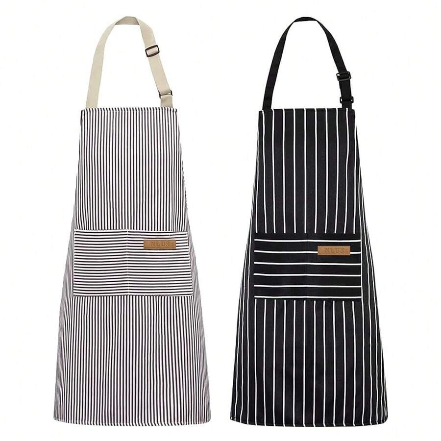 NLUS 2 Pack Kitchen CooFKing Aprons, Adjustable Bib Soft Chef Apron With 2 Pockets For Men Women(Black/Brown Stripes),Black/Brown - 黑色/棕色 - 查看 1