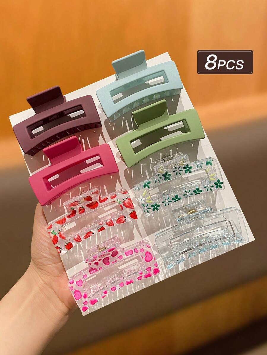8个/套女士发夹，多种颜色可选，纯色和印花款式，时尚简约，中号方形和半圆形发夹，适合日常佩戴，仅限女性，女士礼物，女士爪夹时尚发饰，优雅发爪花朵发夹夏季穿搭