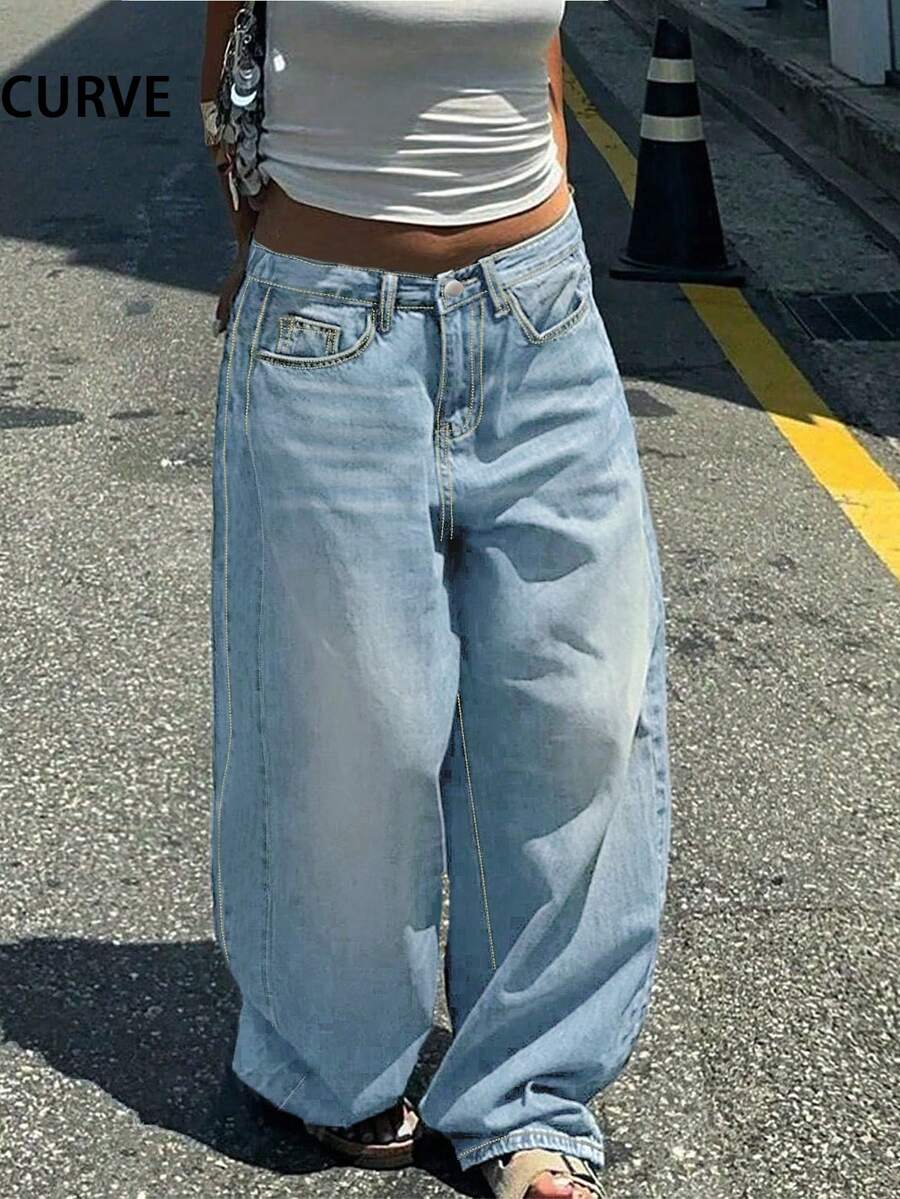 Plus Size Retro Casual Loose Straight Leg Denim Maxi Pants, Fashionable & Versatile Spring - Light Wash - View 1