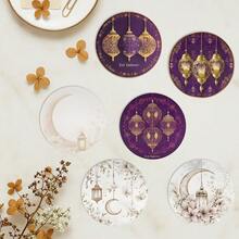 1 set/6 piezas Juego de posavasos de madera con diseño de media luna y farol - Diseño floral elegante, adecuado para decoración de mesa, fiestas, cafés y cocinas, decoración islámica del hogar, posavasos redondos de madera para la cocina, mesa de comedor, reuniones y cafés - Posavasos de madera - Ver 3