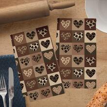 MEMNUN 2pcs Khaki Patchwork Leopard Print & Heart Illustration Pattern Kitchen Towels, 15.75*23.62in(40*60cm), Made Of Super Soft Absorbent Microfiber, Perfect For Dish Drying, Tea Cups, Bathroom & Dining Decor, Cooking & Baking