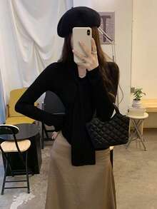 Korean Style Wrap Neck Ribbon V-Neck Wool Knit Sweater, New Slim Fit French Layering Top - Black - View 5