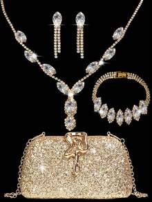 Bộ trang sức đính đá lấp lánh gồm dây chuyền, bông tai và vòng tay, kết hợp với túi xách cầm tay sang trọng, thích hợp cho các bữa tiệc, đám cưới lãng mạn, túi đeo vai mùa xuân/hè, túi cô dâu, các buổi khiêu vũ trang trọng. - Vàng - Xem 12