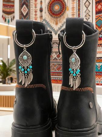 Bohemian Turquoise Feather Tassel Shoe Charms, Vintage DIY Shoe Accessories, Bag Decorations, And Clothing Accessories, Perfect For Parties, Music Festivals, And Beach Vacations