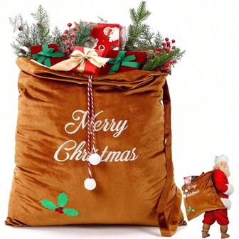 Santa Claus Bags Velvet Large Christmas Sack Bags With Drawstring 36 X 30 Inch Santa Gift Sacks For Christmas Party Decor Xmas Stocking Stuffer Supplies(Brown)