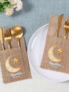 5件套斋月祝福餐具，黄麻袋包装，金色新月“斋月吉祥”图案，伊斯兰家居餐桌装饰，斋月装饰，斋月祝福礼物，斋月吉祥，斋月节派对餐具装饰，斋月餐桌装饰，厨房和餐厅装饰，斋月房间装饰，家居装饰，斋月装饰，斋月礼物，开斋节餐桌装饰 - 齋戒月 - 查看 5