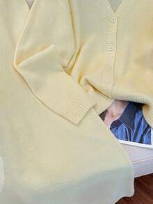 Women's V-Neck Button Knit Cardigan & Maxi Dress Set, Wool Blend, Cream Yellow, Comfortable & Versatile, Loose Fit, Suitable For Commuting And Streetwear - White - View 6